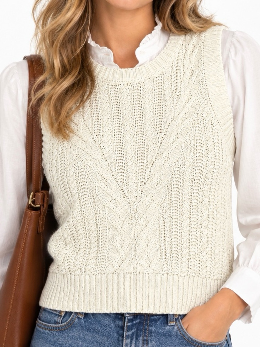 Rachel Zoe Cable Knit Sweater Vest Women’s Large Ivory Sleeveless Quiet Luxury